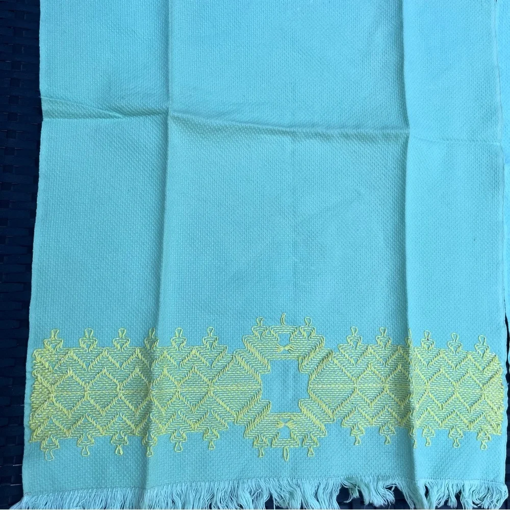Two Vintage Tea Towels Cloth Aqua and Yellow Embroidered